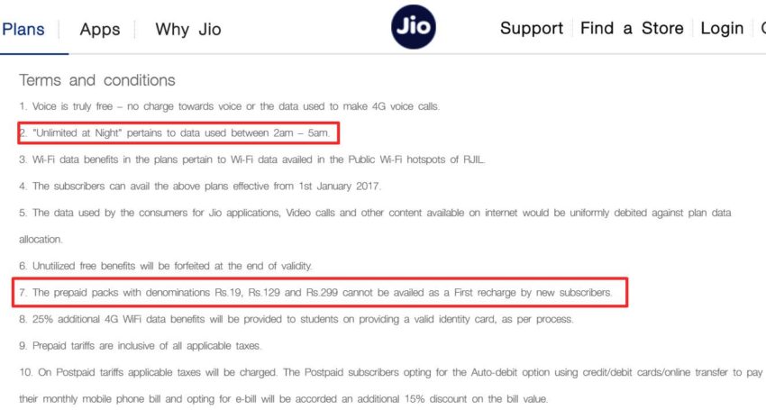 reliance jio Plan terms